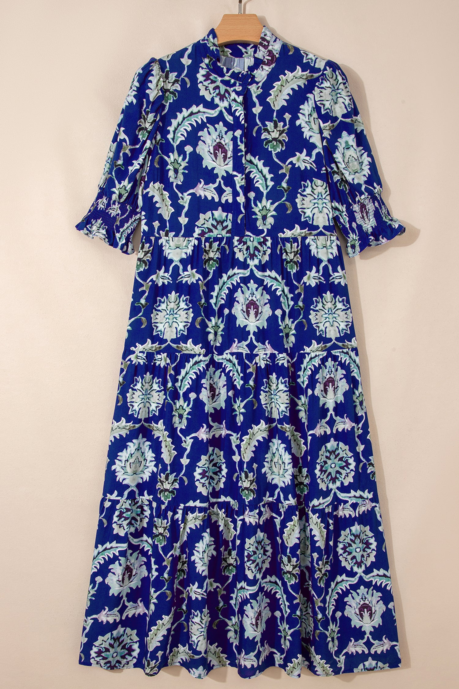 Blue Wild Floral Print Frilled Collar Half Sleeve Long Dress