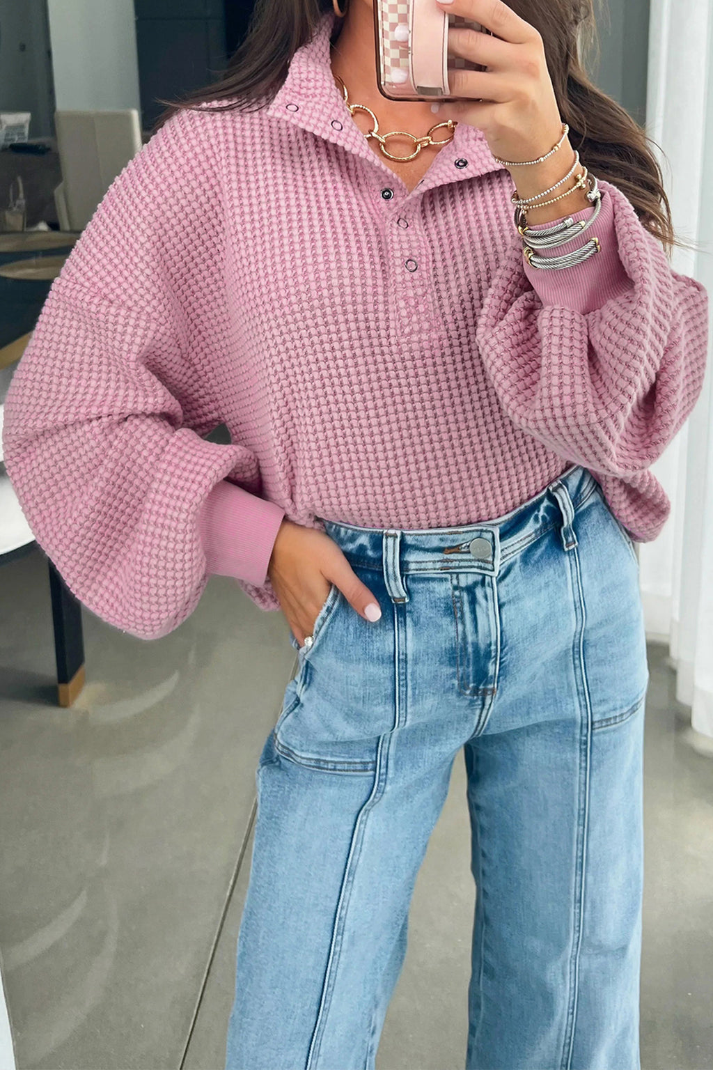 Light Pink Solid Color Textured Snap Button Collared Baggy Top