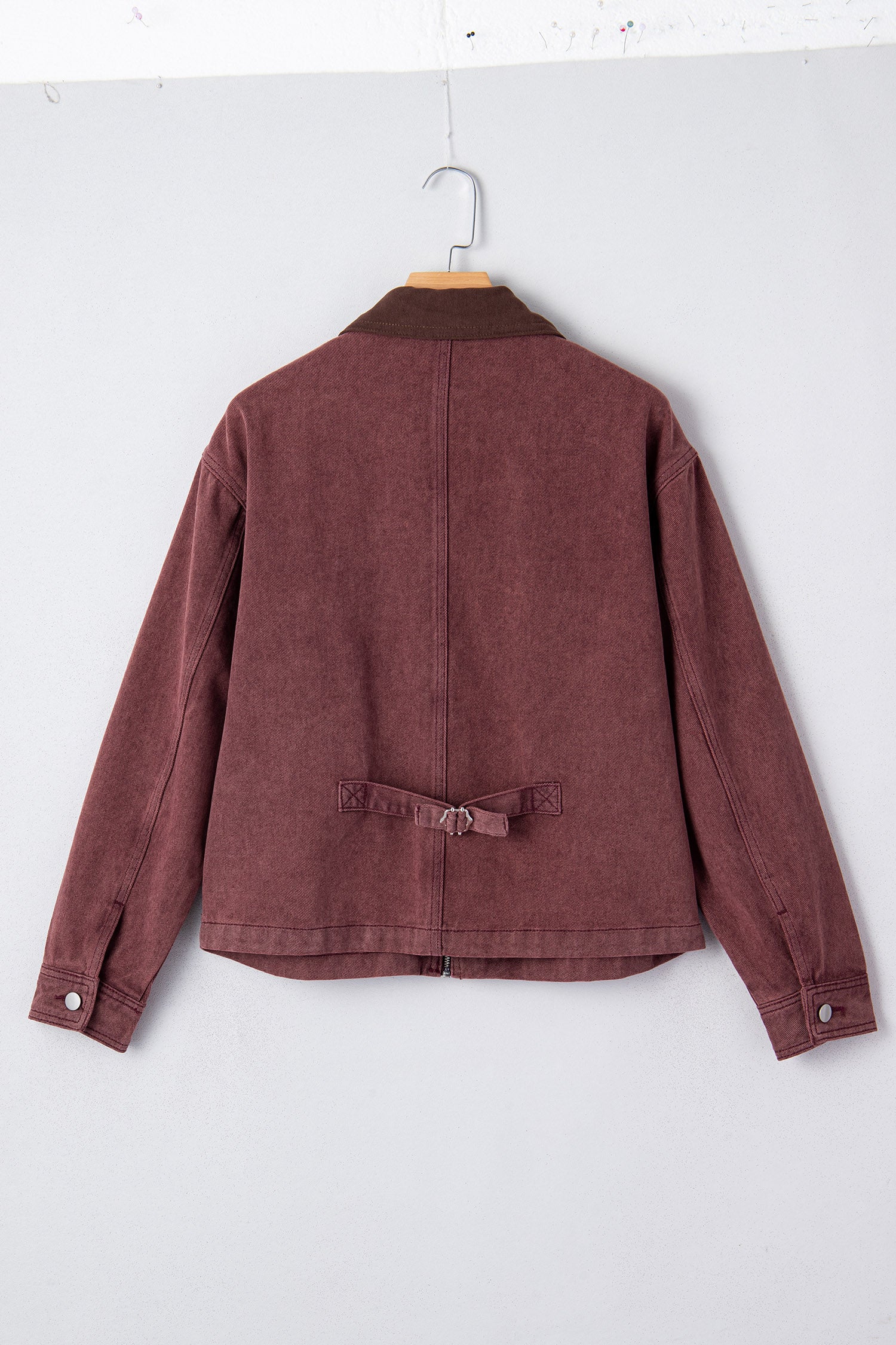 Coffee Corduroy Collar Zipped Front Denim Jacket