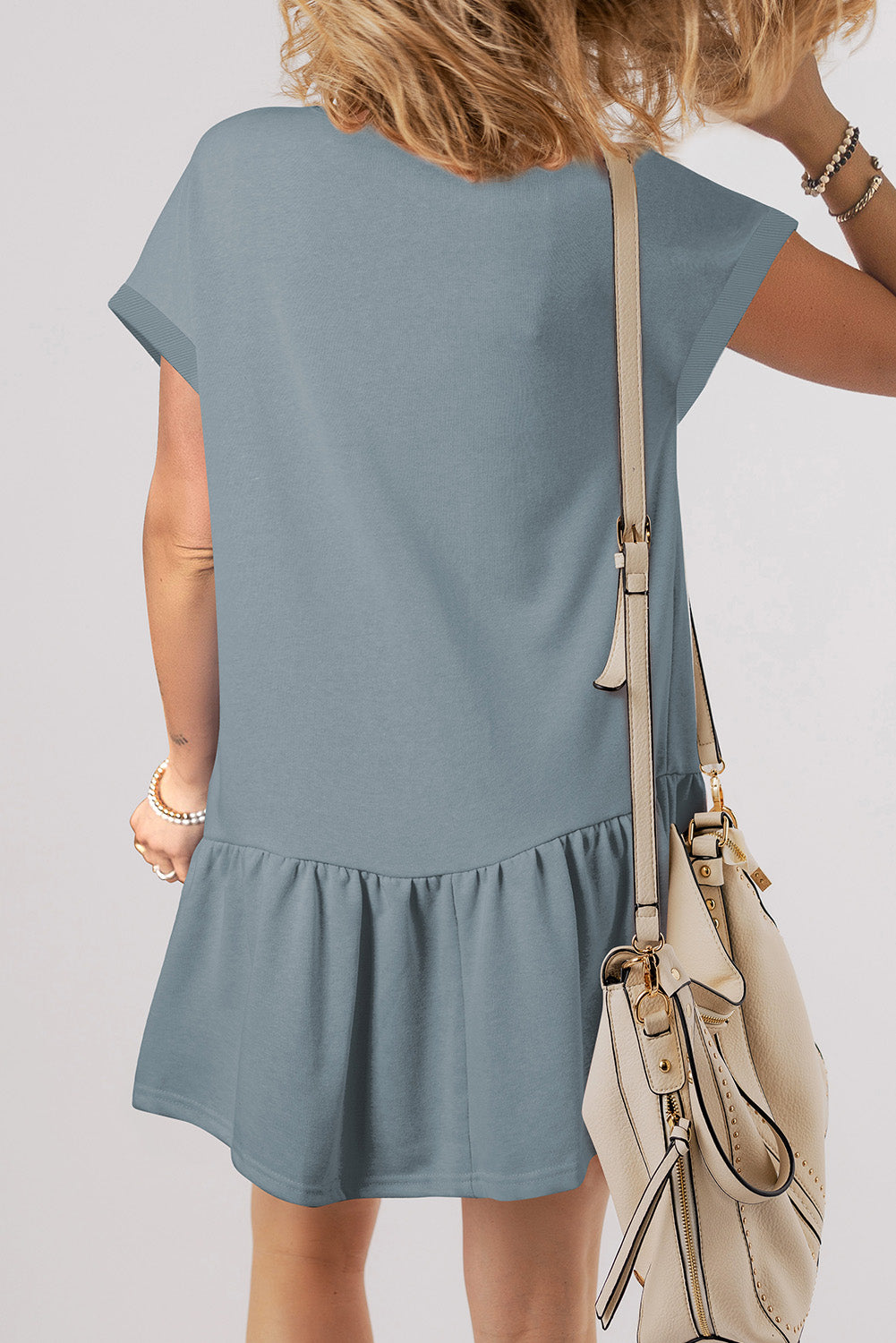 White Solid Color Cap Sleeve Drop Waist T Shirt Dress