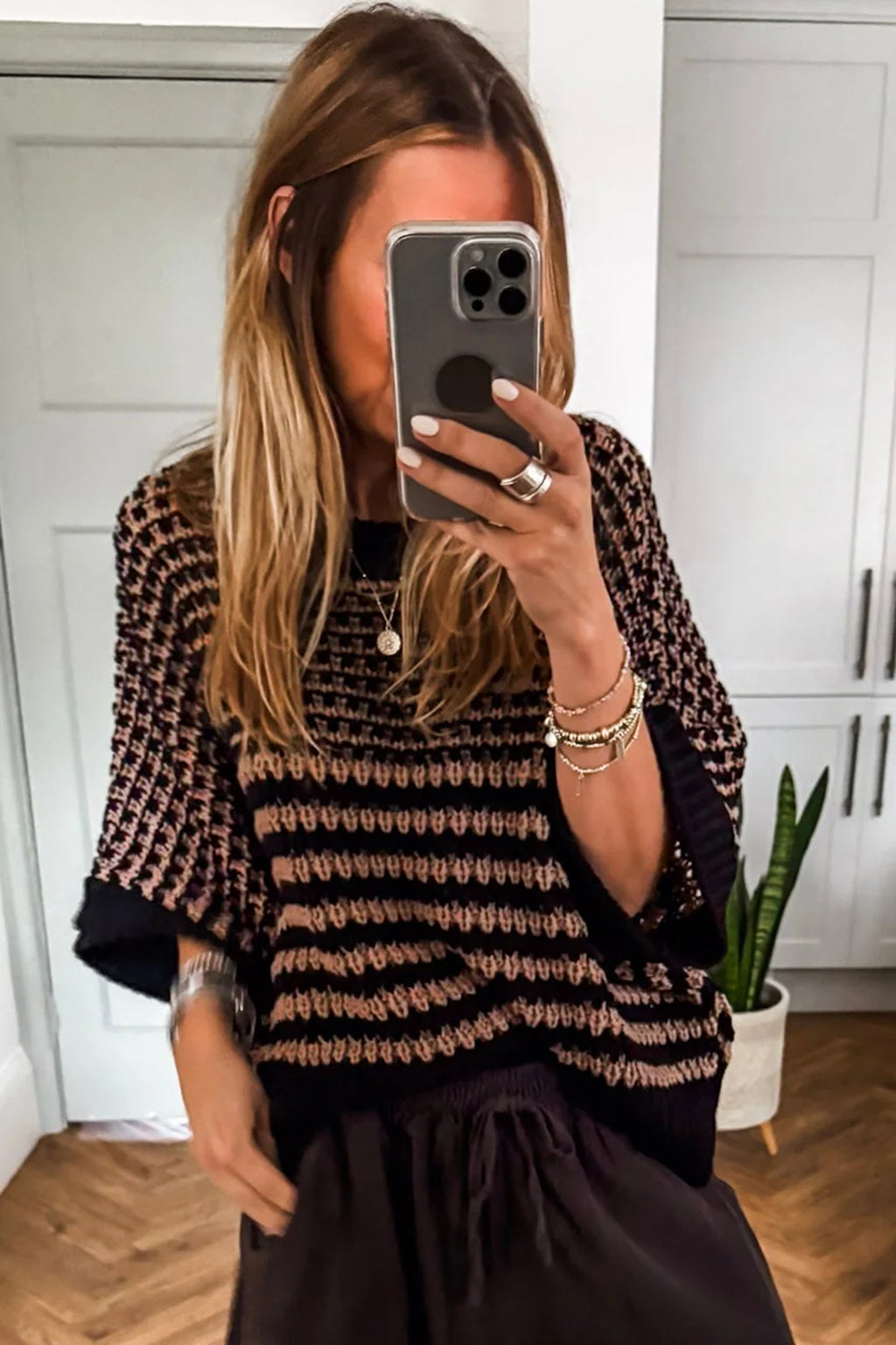 Green Stripe 3/4 Draped Sleeve Slouchy Sweater