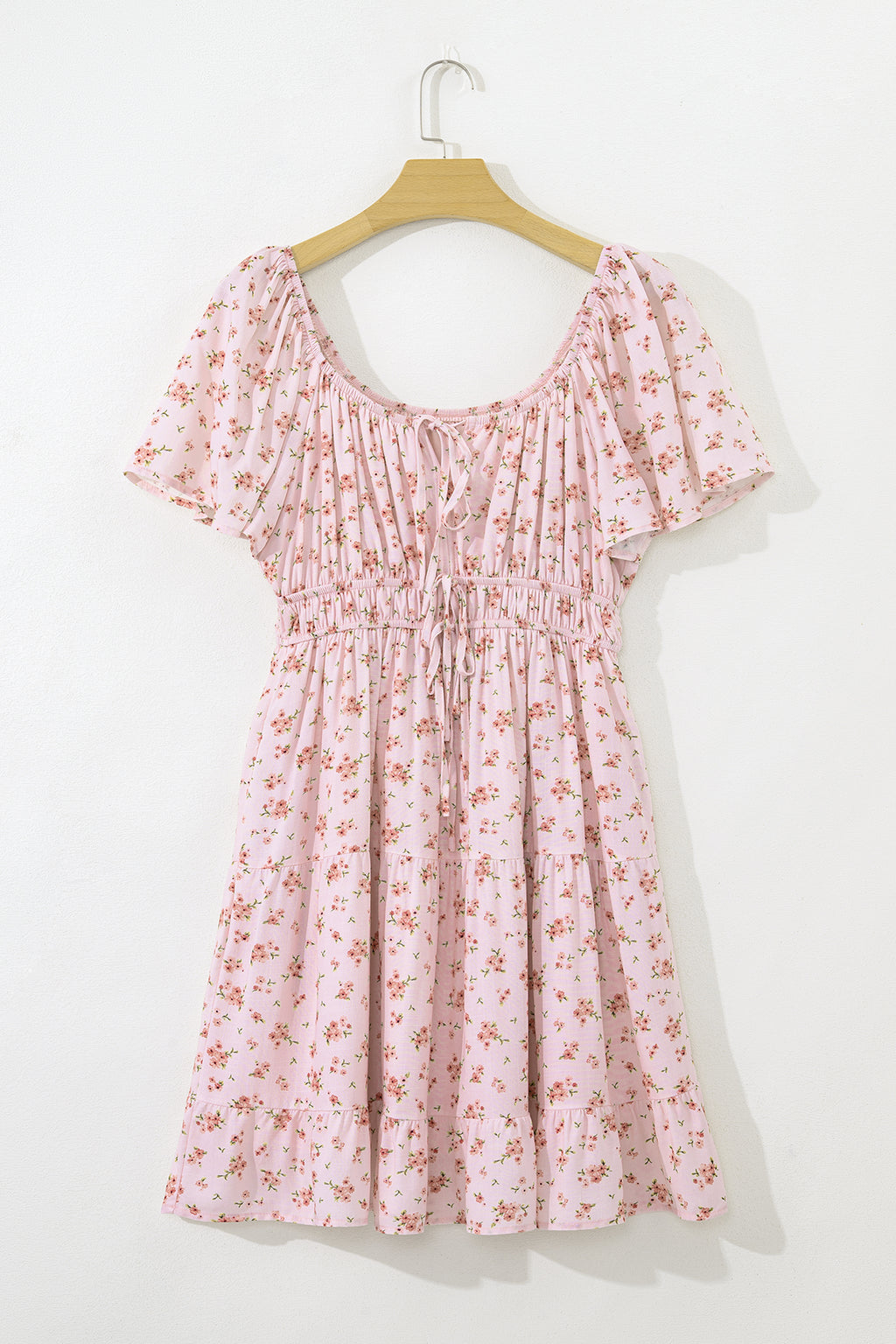 Pink Front Tie Shirred Waist Short Sleeve Ruffled Floral Mini Dress