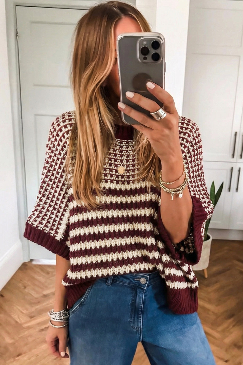 Green Stripe 3/4 Draped Sleeve Slouchy Sweater