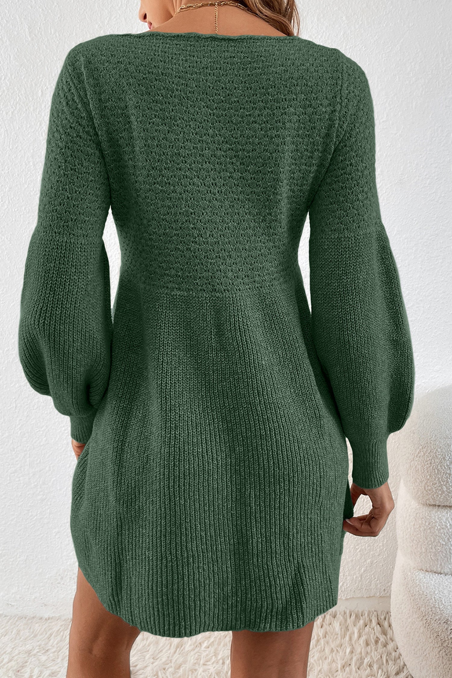 Mist Green Solid Lantern Sleeve Empire Waist Short Sweater Dress – Nora Coastal