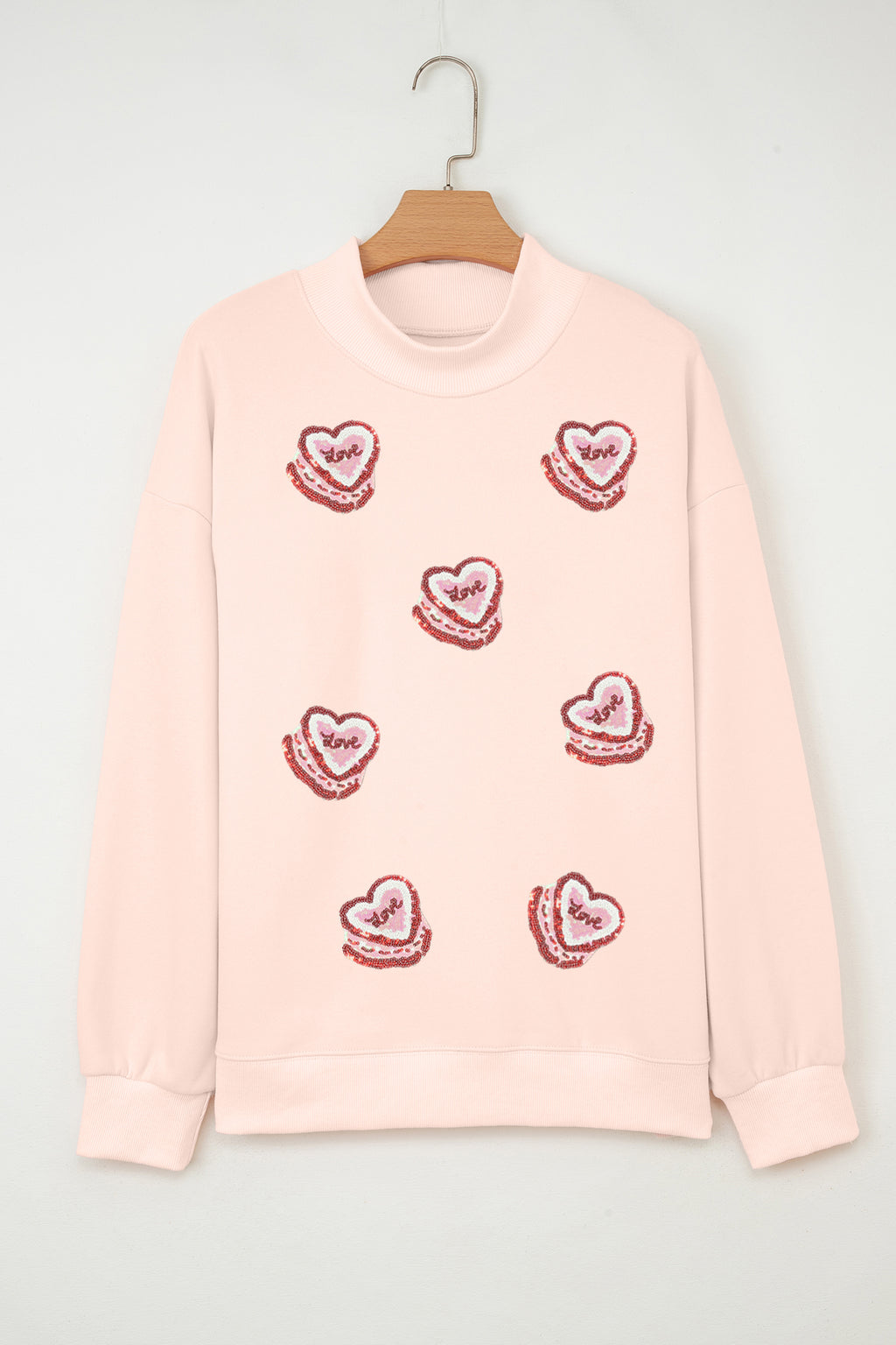 Light Pink Sequin Heart Patched Love Cake Mock Neck Sweatshirt