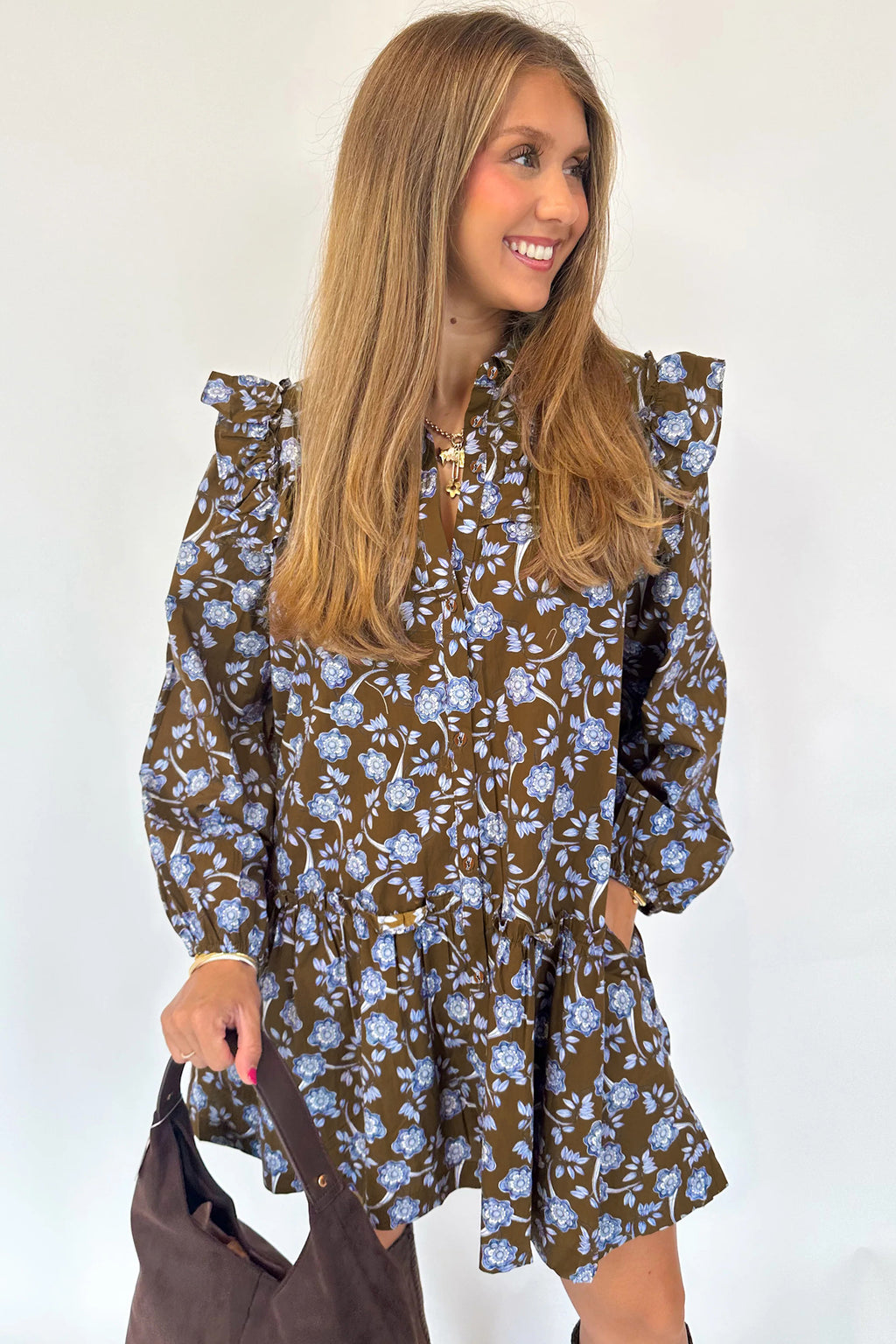 Brown Floral Print Ruffled Detail Shirt Collar Button Down Long Sleeve Dress
