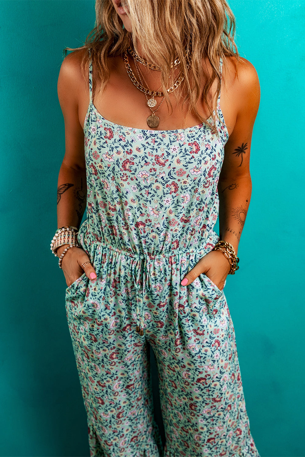 Green Bohemian Floral Ruffle Bottom Spaghetti Strap Jumpsuit
