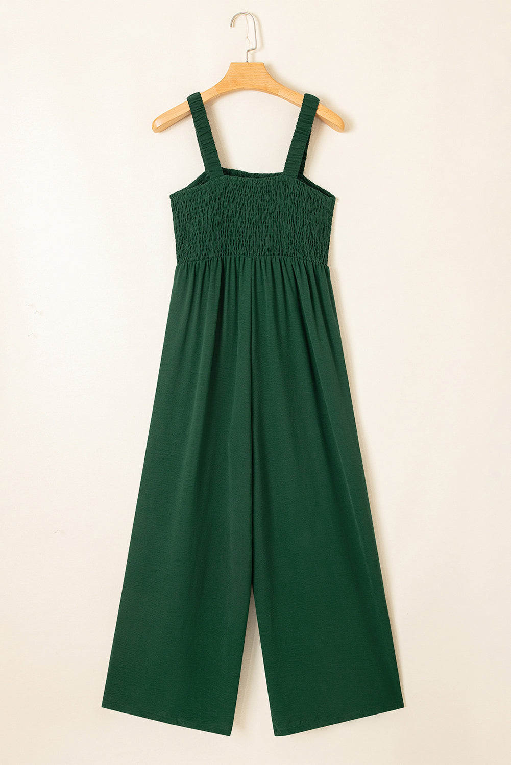 Green Smocked Sleeveless Wide Leg Jumpsuit with Pockets