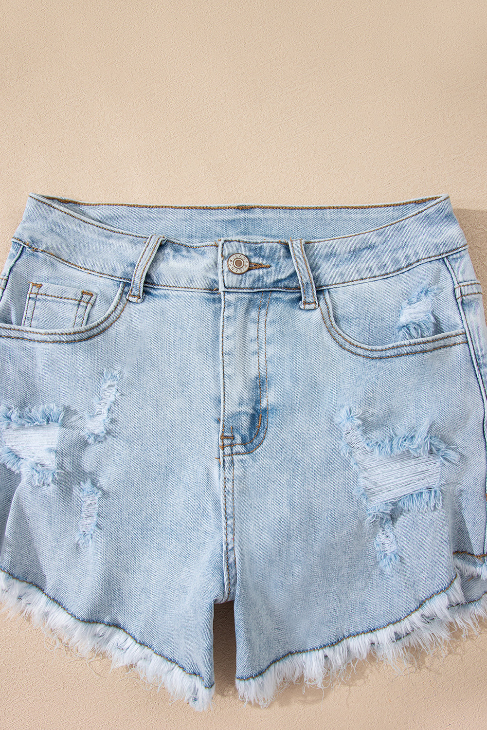Beau Blue High Rise Distressed Raw Hem Denim Shorts