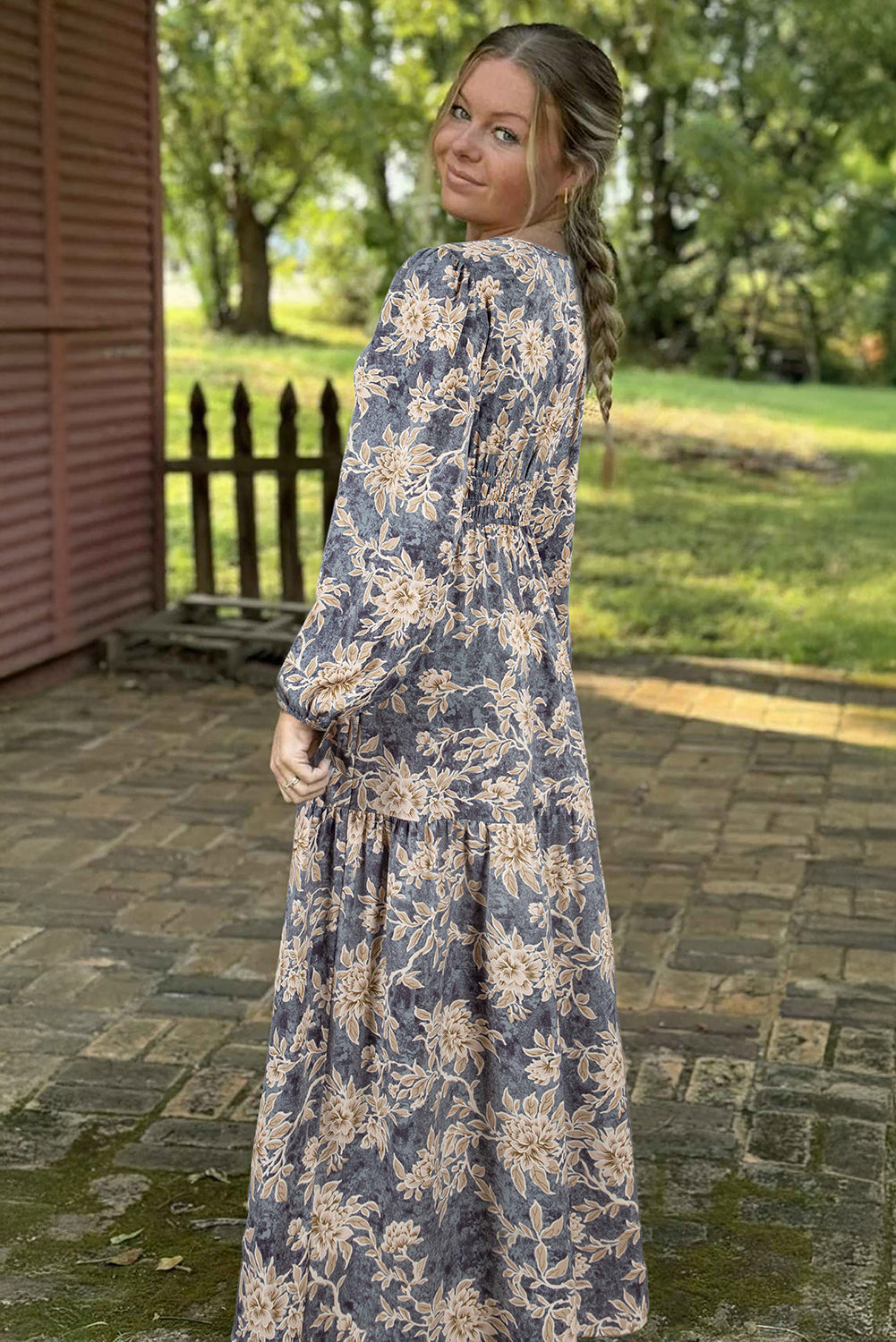 Brown Floral Print Smocked High Waist Long Sleeve Maxi Dress