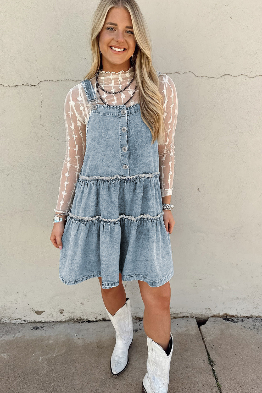Dusk Blue Light Wash Tiered Flowy Overall Denim Dress