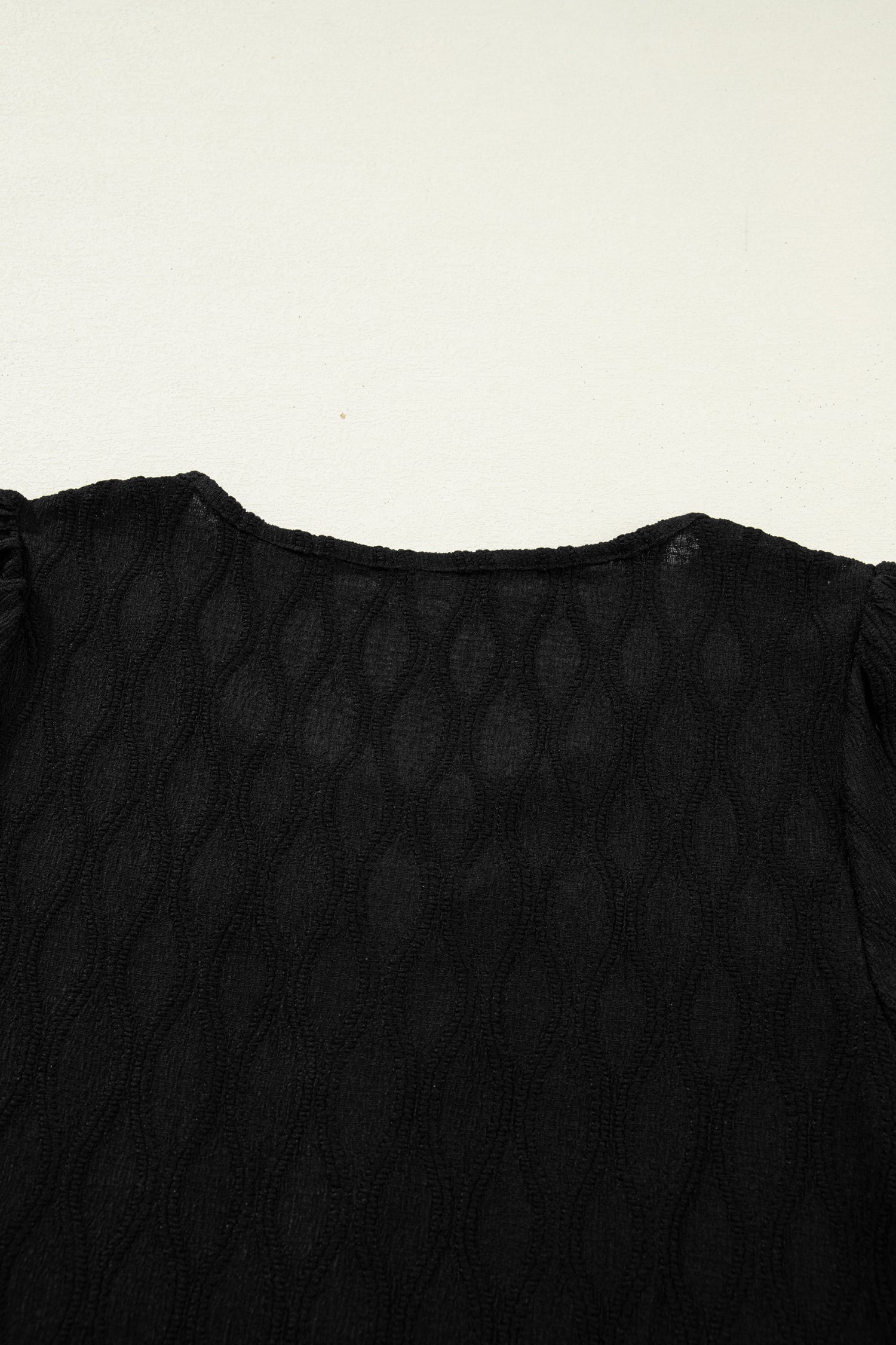 White Solid Color Textured Notched Neck Puff Sleeve Blouse